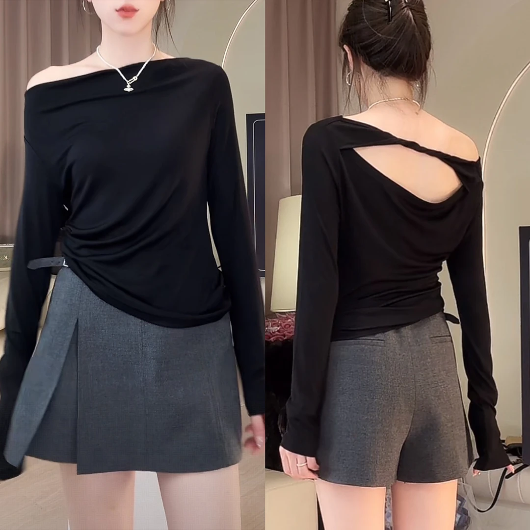 【心机面膜T】早秋新款韩系休闲显瘦时尚后背小心机设计款短上衣服