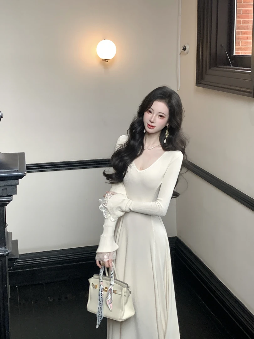 【雅乔定制】纤纤丽影V领长袖针织连衣裙修身大摆长裙DYYK-25092675