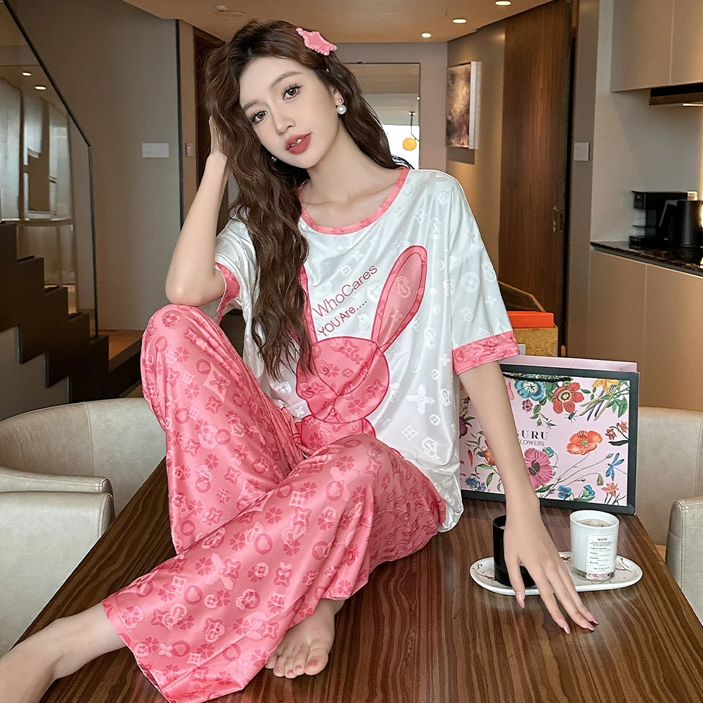 带胸垫提花冰丝睡衣女夏季薄款网红爆款高级感家居服三件套可外穿