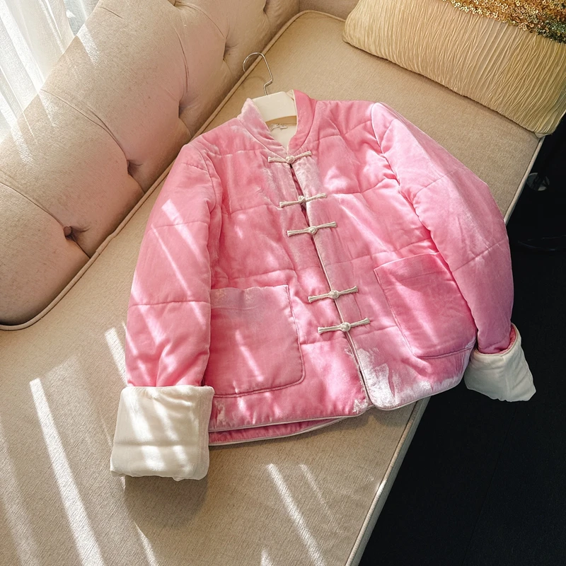 复古国风棉衣粉色丝绒新年衣服唐装旗袍上衣新中式女装外套小袄
