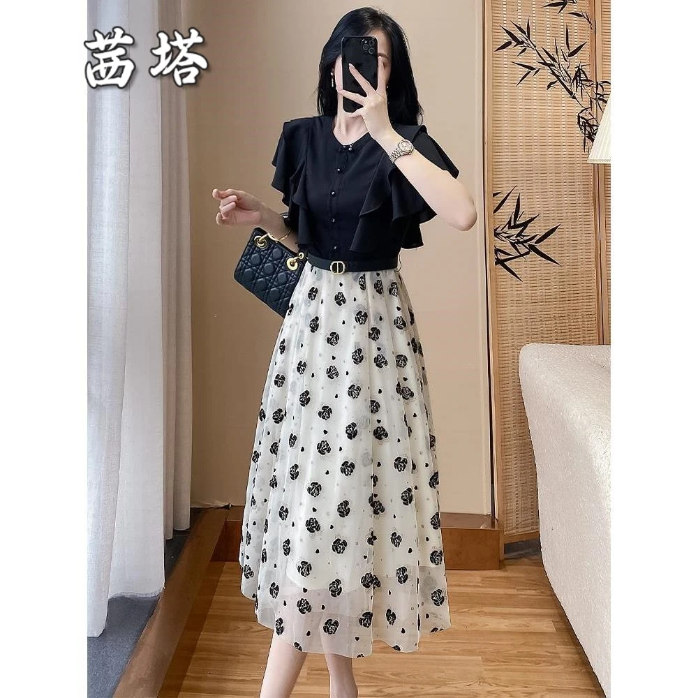 2025年夏季新款女装高腰显瘦长裙茶歇法式气质百搭拼接无袖连衣裙