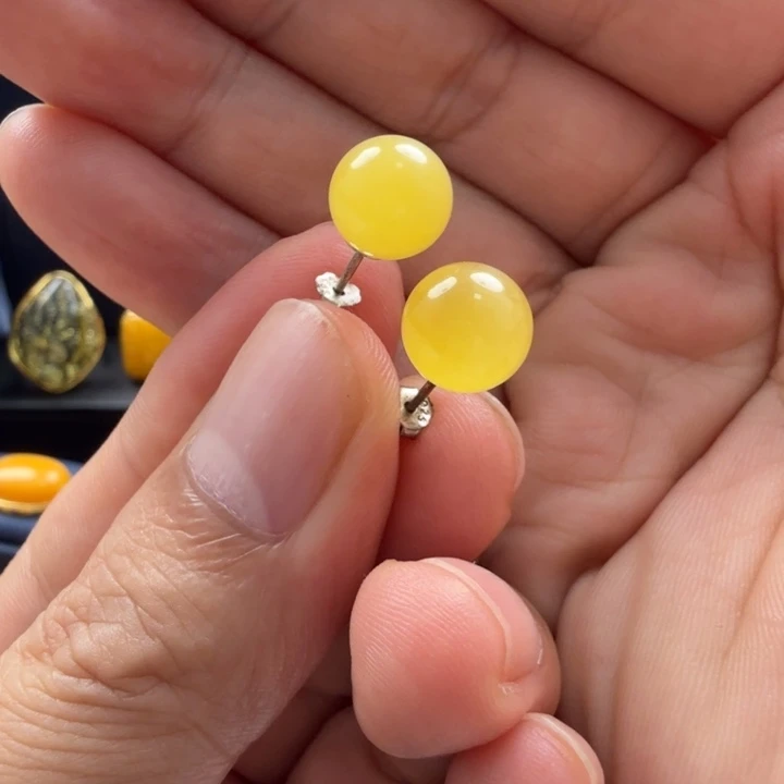银S925镀金镶嵌蜜蜡耳饰