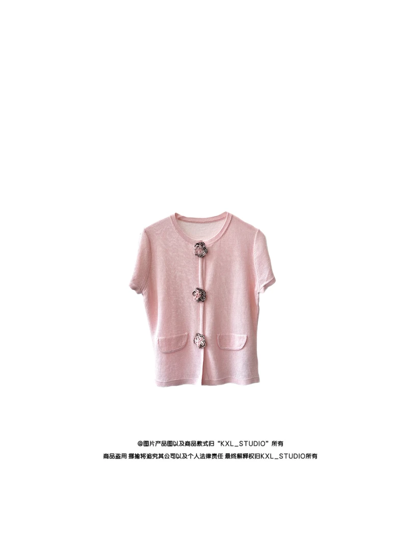 KXL-STUDIO 【KELE精选】日本和纸纱·花朵钩织上衣半袖8533