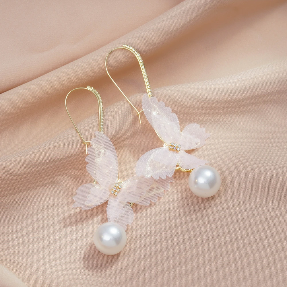 铜合金耳饰 蝴蝶珠珠耳钩耳环时尚新款爆款高级感适合圆脸女N1813