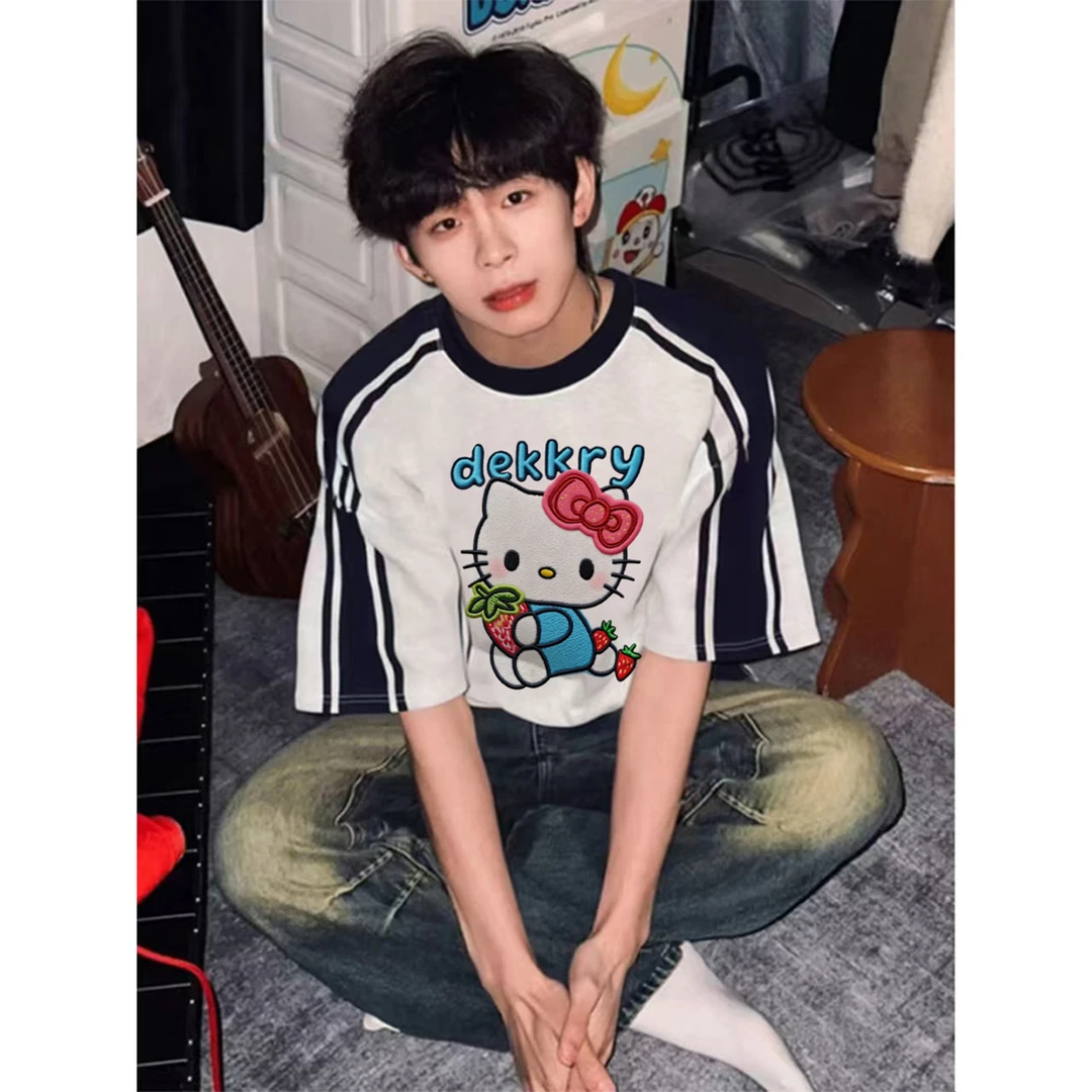 100%纯棉个性Kitty猫仿刺绣印花拼接短袖T恤男女夏季休闲情侣上衣