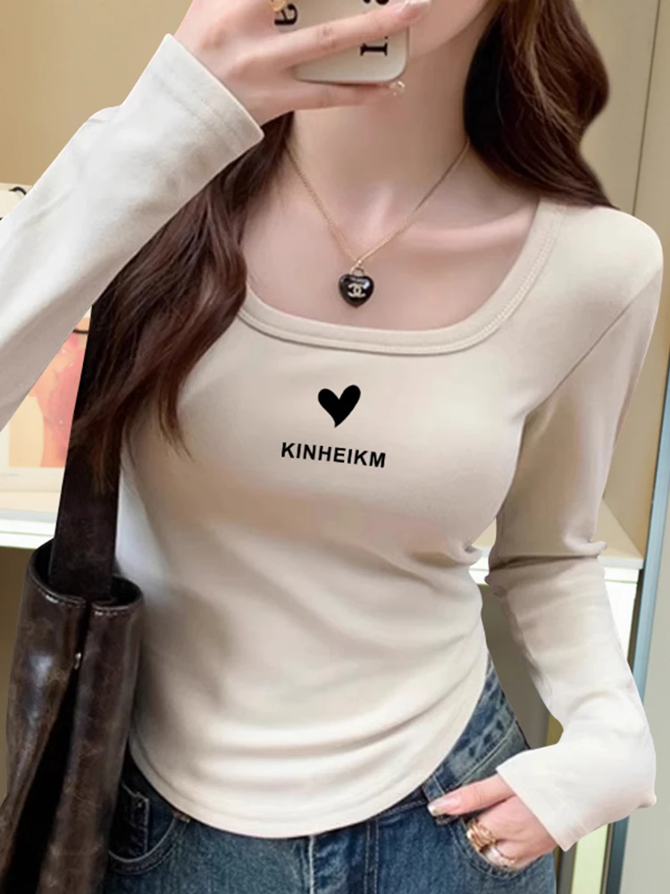 内搭方领秋冬女士德绒短T恤长袖修身ins小众显瘦百搭上衣