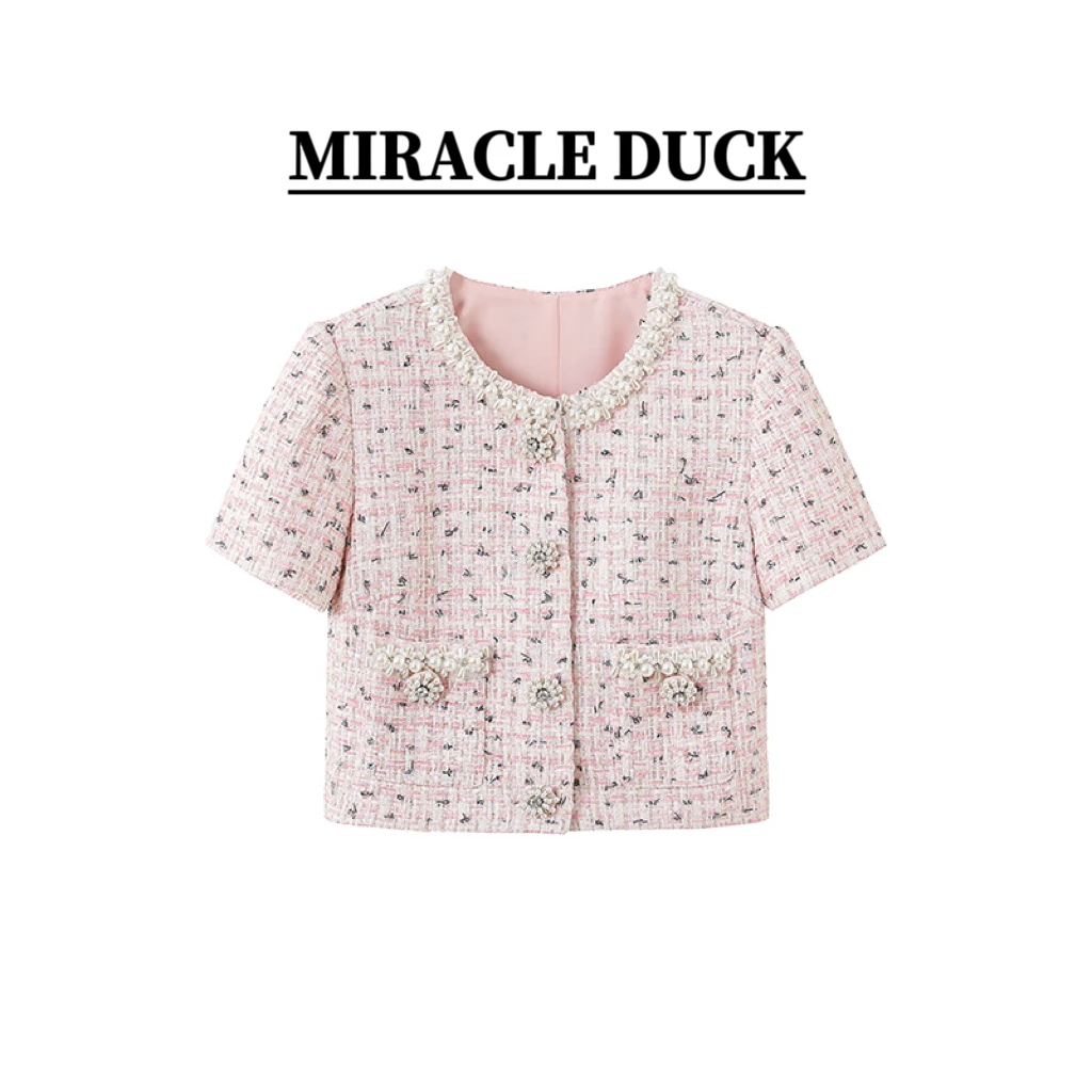 【真爱奇迹】夏季款时尚甜美重工钉珠编织小香风短袖上衣C1554