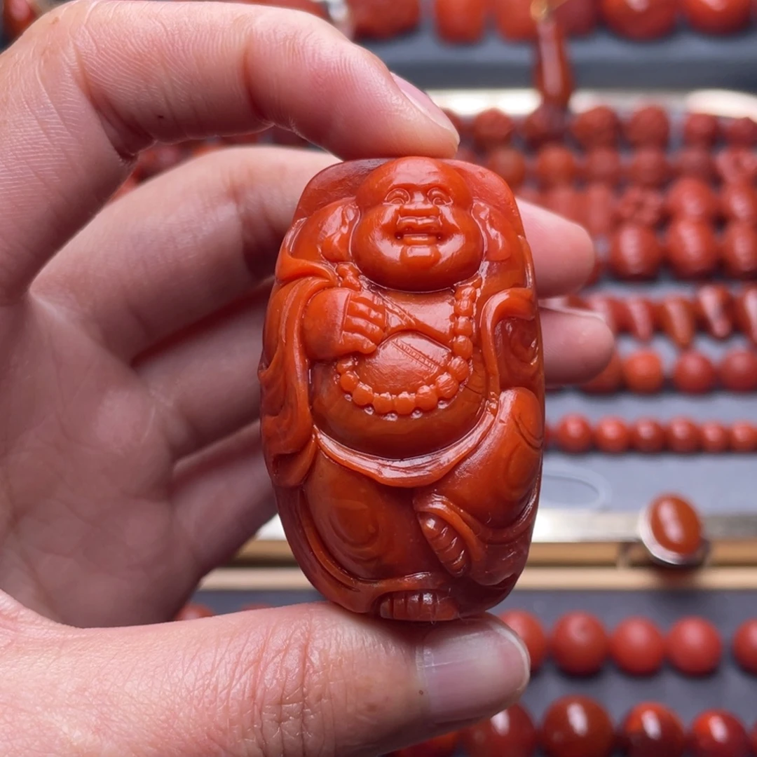 南红玛瑙未镶嵌其他W49*30*25瓦西柿子红佛吊坠柔光