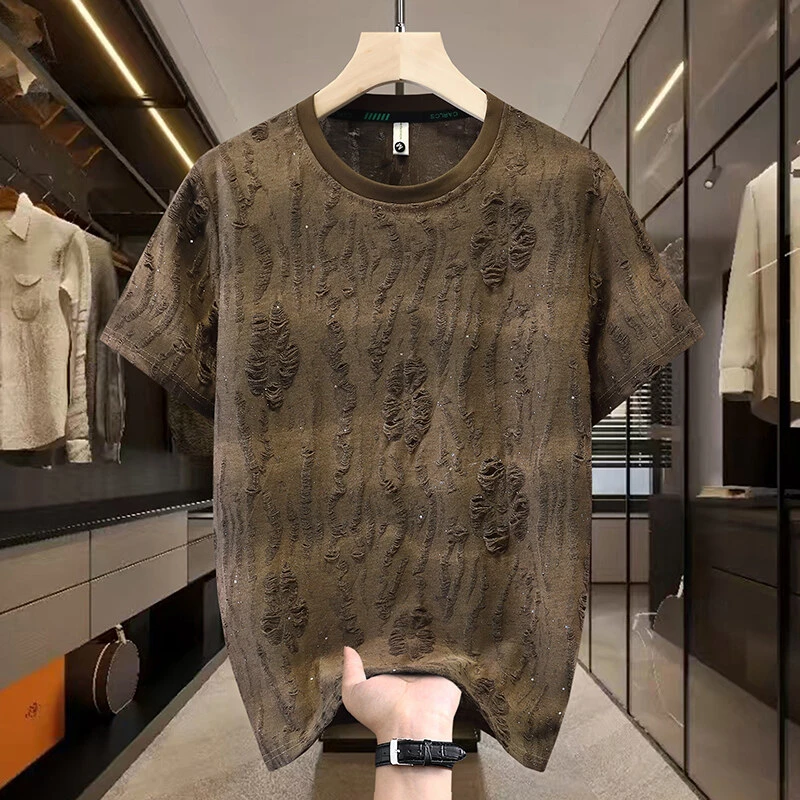 2025夏季新款男款上衣爆款轻奢高定短袖卫衣潮流亮片渐变破洞圆领