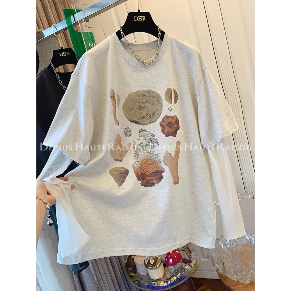 胖mm正肩300斤大码宽松防晒网纱拼接假两件短袖T恤女夏季独特