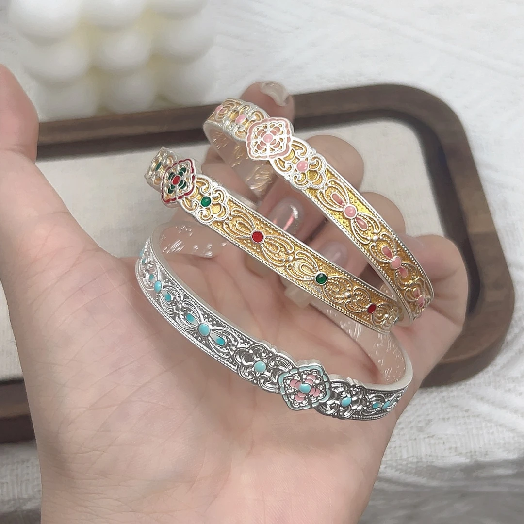 足银手镯  49号 蝴蝶结四叶草 描金珐琅彩开口实心足银手镯