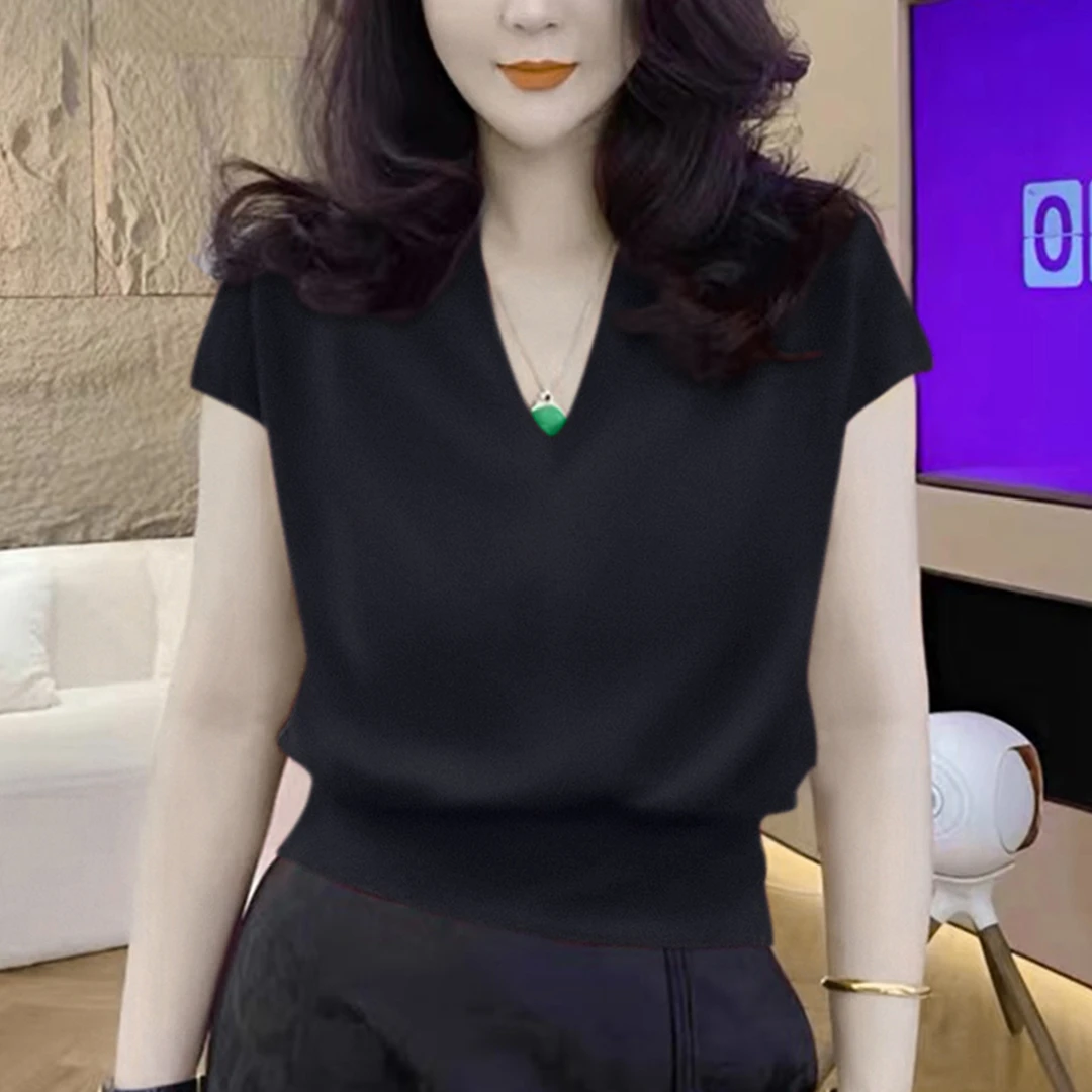黑色V领设计感莱赛尔无袖针织衫t恤女2025年夏季新款宽松显瘦上衣