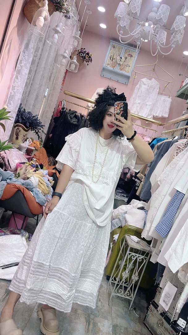 高腰蕾丝拼接A型成人薄款半身裙松紧带长裙纯色镂空