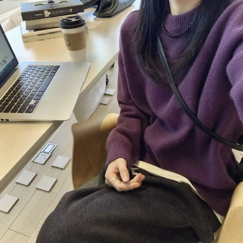 慵懒松弛感宽松百搭圆领针织衫女2025秋冬季新款气质套头毛衣ins