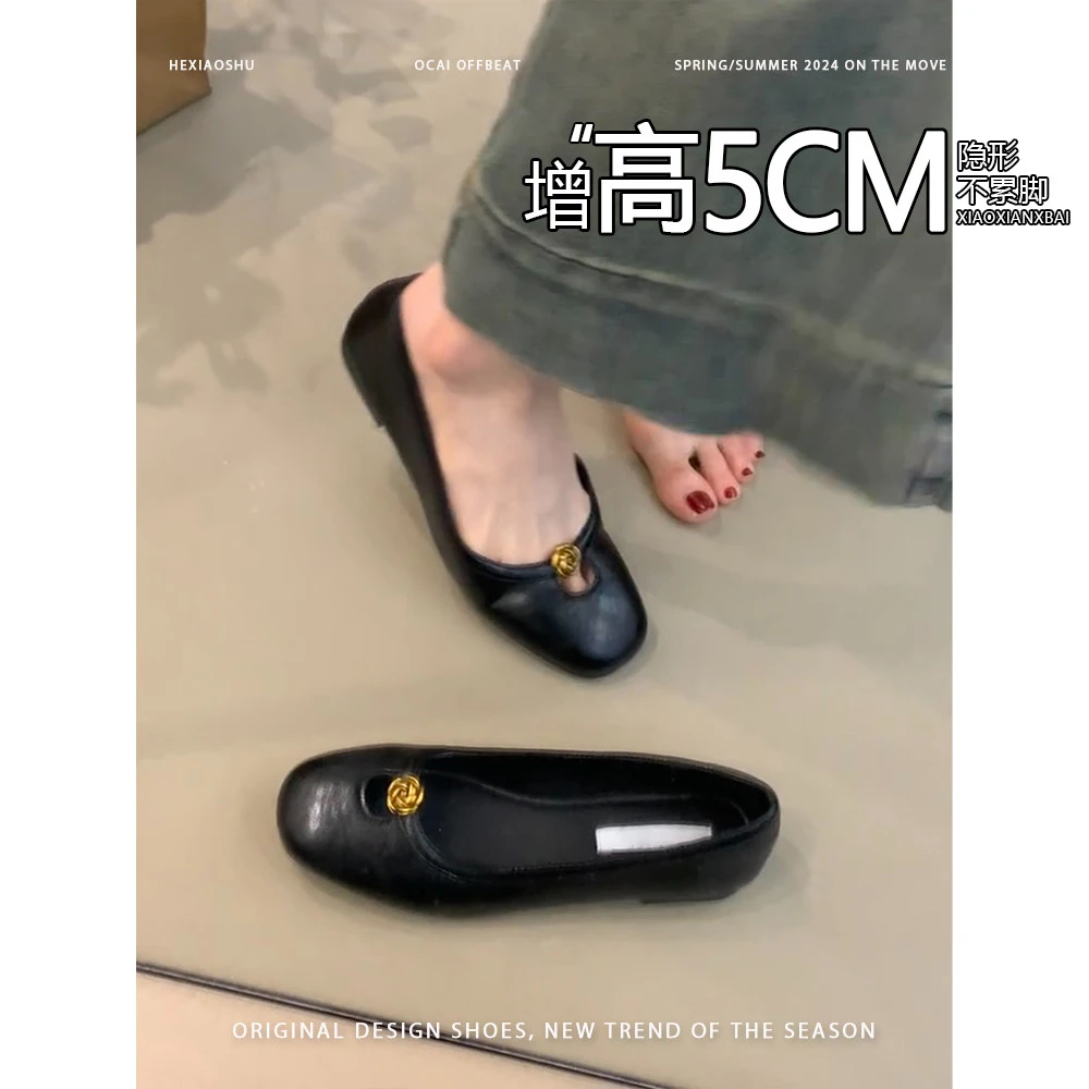 正品内增高山茶花浅口平底单鞋女2025一脚蹬气质复古百搭玛丽珍鞋