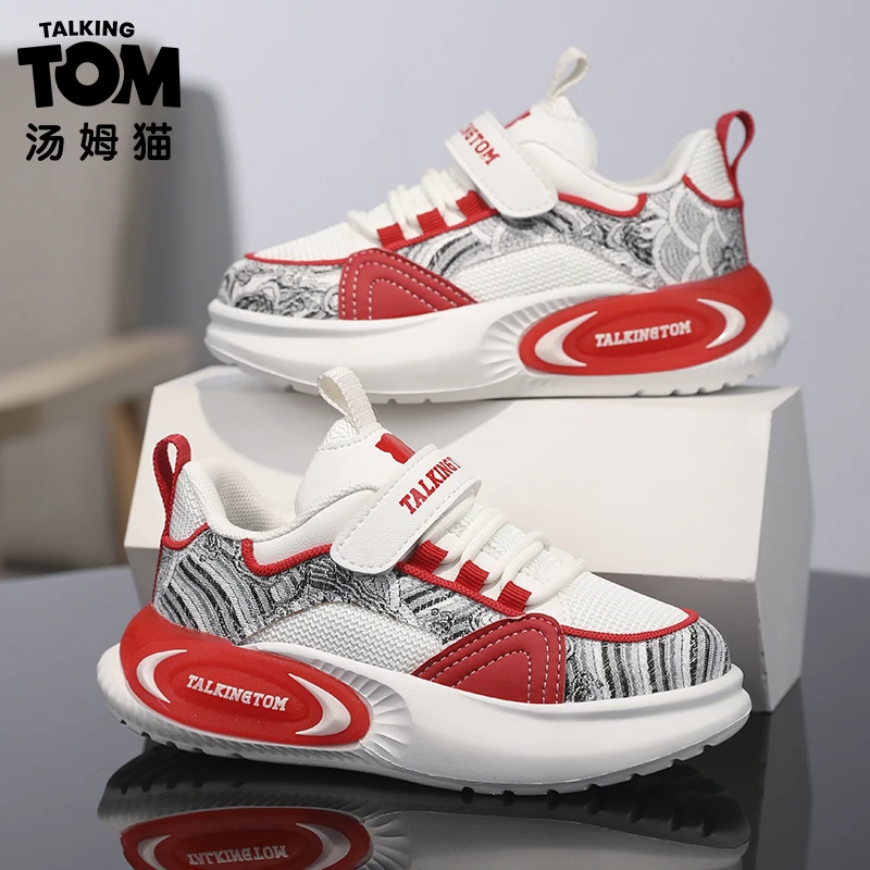汤姆猫女童鞋新年鞋春季2025新款网面软底儿童板鞋女孩红色运动鞋