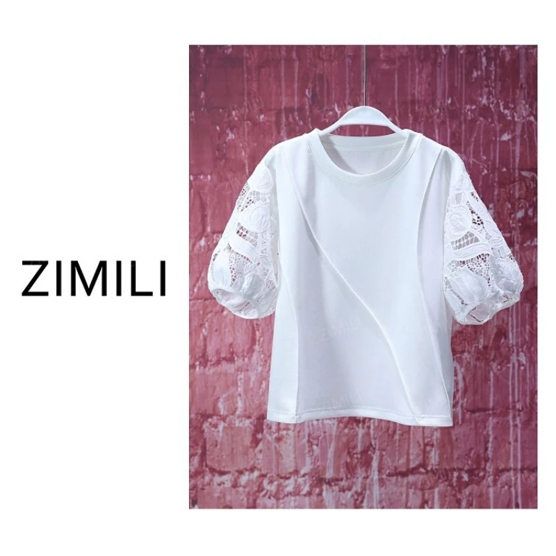 【亮哥女装】2025欧版象牙白拼接勾花蕾丝袖时尚休闲短袖9696-C8