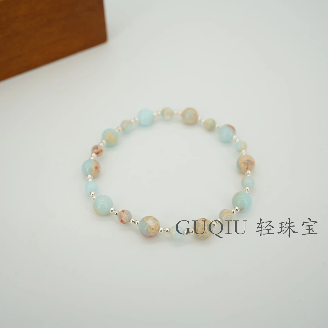 925银手链 简约手工时尚石头弹力绳彩色小众手链