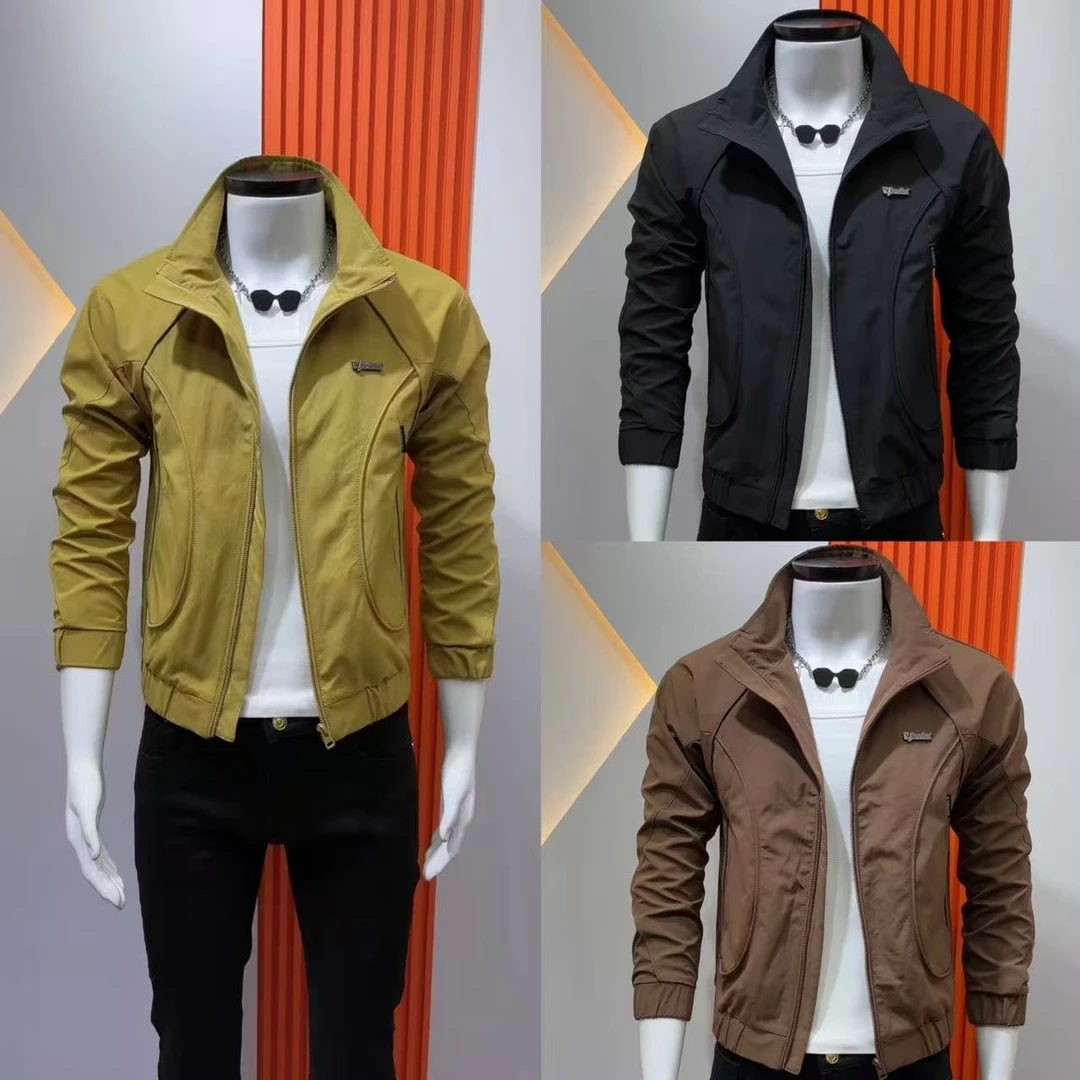 男夹克外套秋季新款简约时尚潮流高级纯色修身夹克韩版立领休闲褂