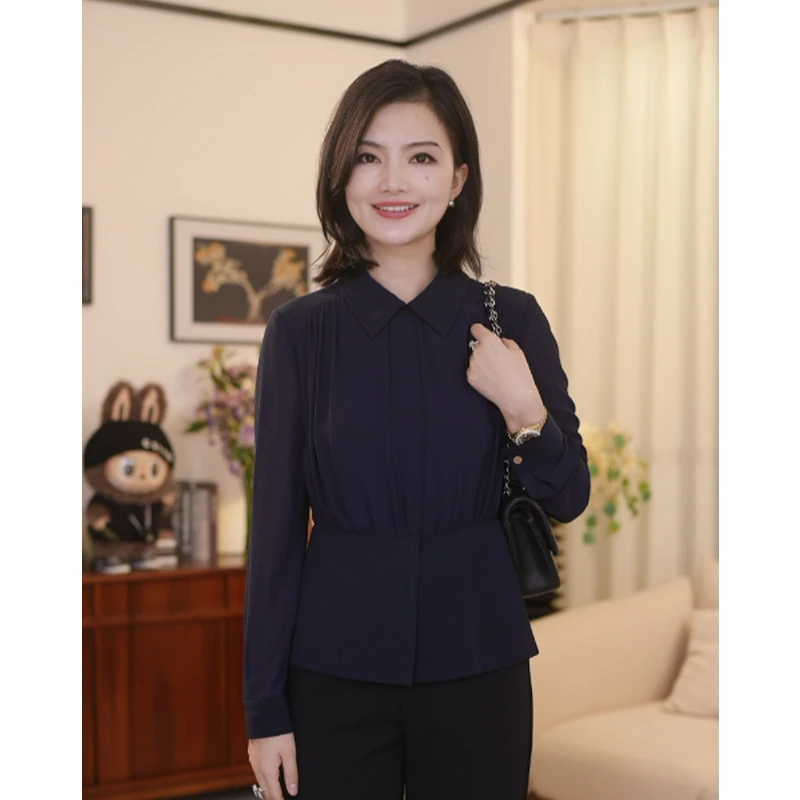 枫竺高端阿楠anan拼接翻领后拉链长袖衬衣女春季新款收腰衬衫上衣