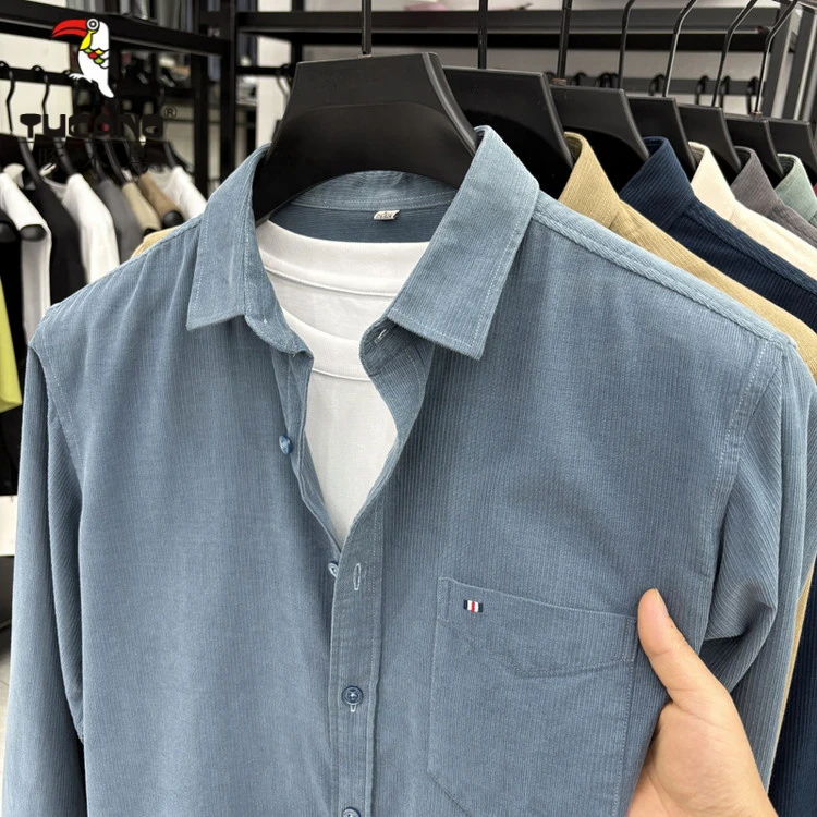 啄木鸟春秋男士修身长袖灯芯绒衬衣口袋休闲百搭纯棉纯色翻领衬衫