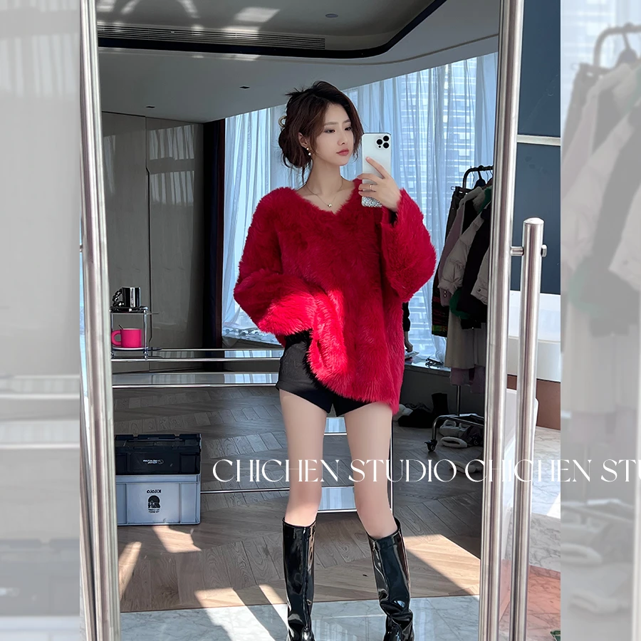 【現货】CHICHEN/晨妍-《氛围拿捏》时尚慵懒宽松气质V领毛衣上衣