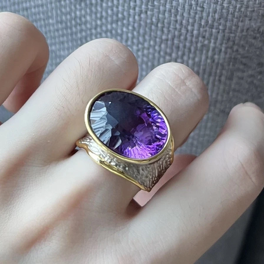 【富嘉珠宝】天然紫水晶镶嵌s925银戒指（活口）