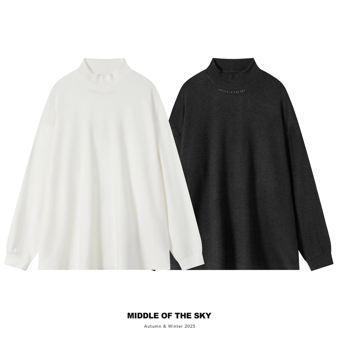 MIDDLE OF THE SKY冬季简约百搭休闲绒感保暖印花半高领长袖宽松