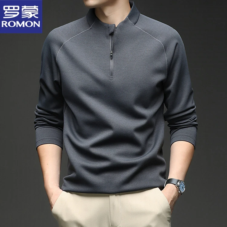 罗蒙春秋季新款男士半高拉链卫衣纯色亨利领T恤打底休闲时尚t恤男