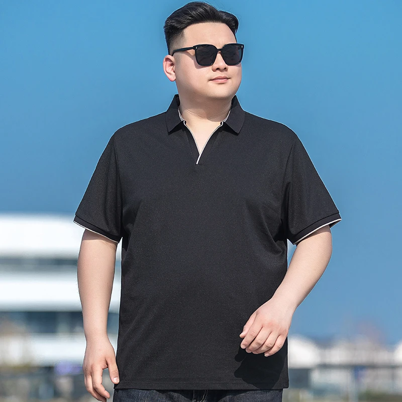 加肥加大v领polo衫男夏季短袖宽松纯色翻领休闲上衣胖子大码半袖