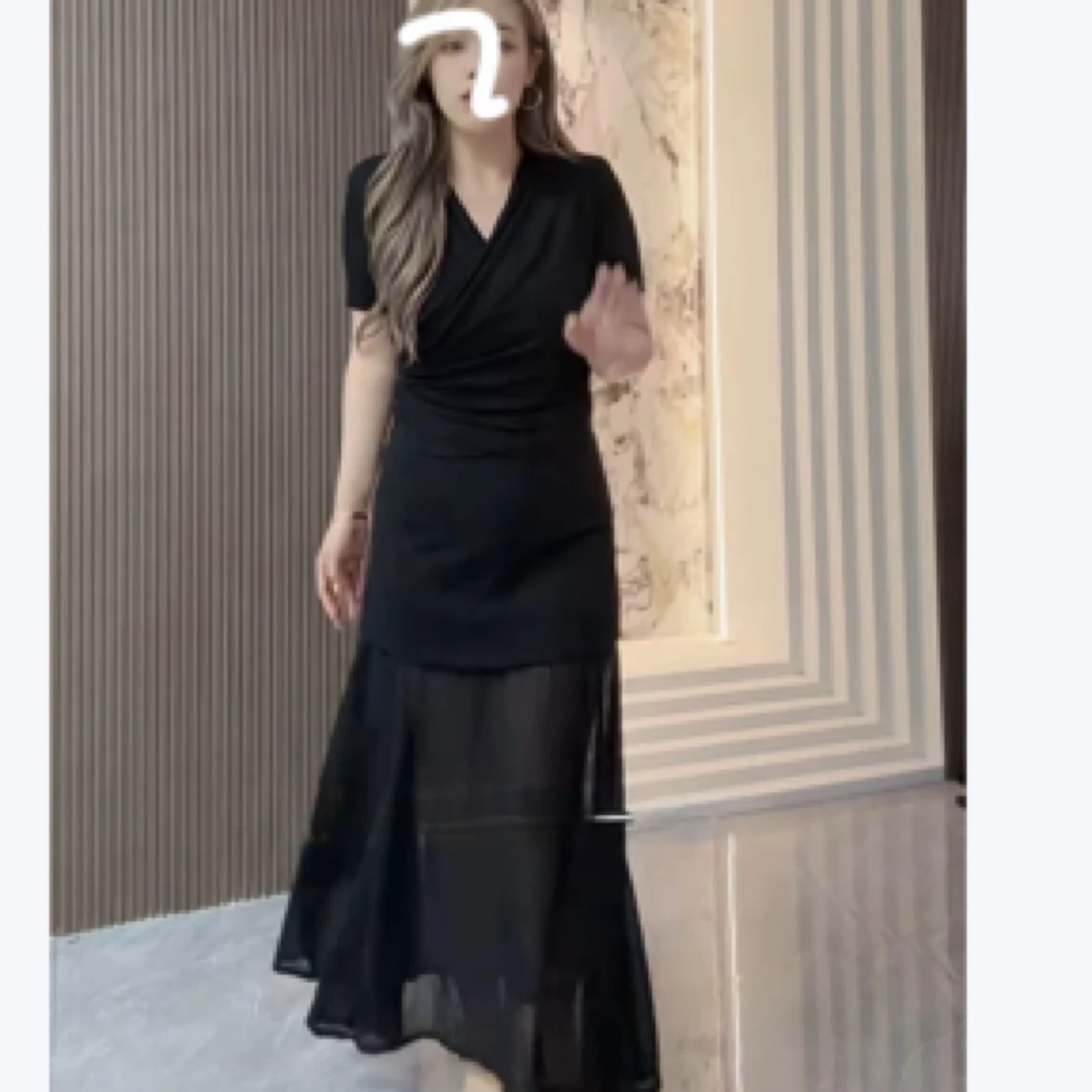 美奈美衣水蛇腰法式赫本风修身显瘦V领黑色雪纺半身长裙两件套