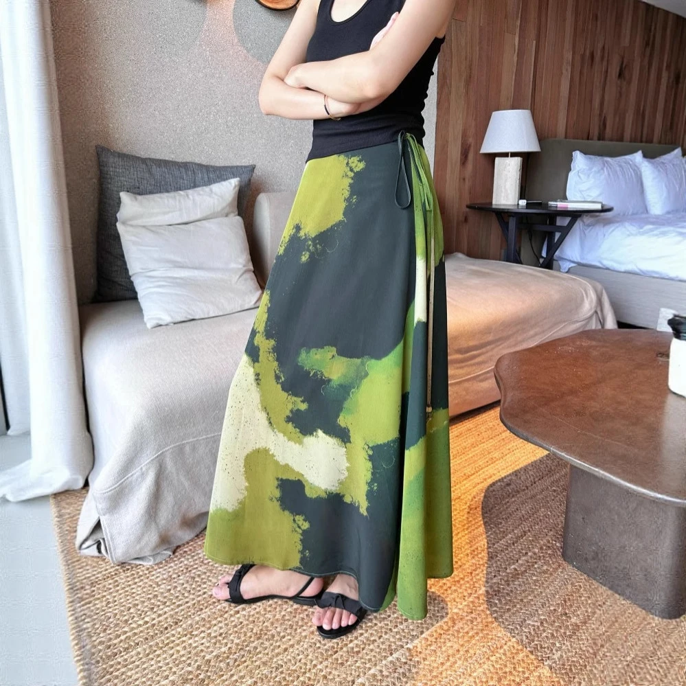 林姿法式优雅不规则复古晕染系带长裙 2025春夏A字半身裙女A19463