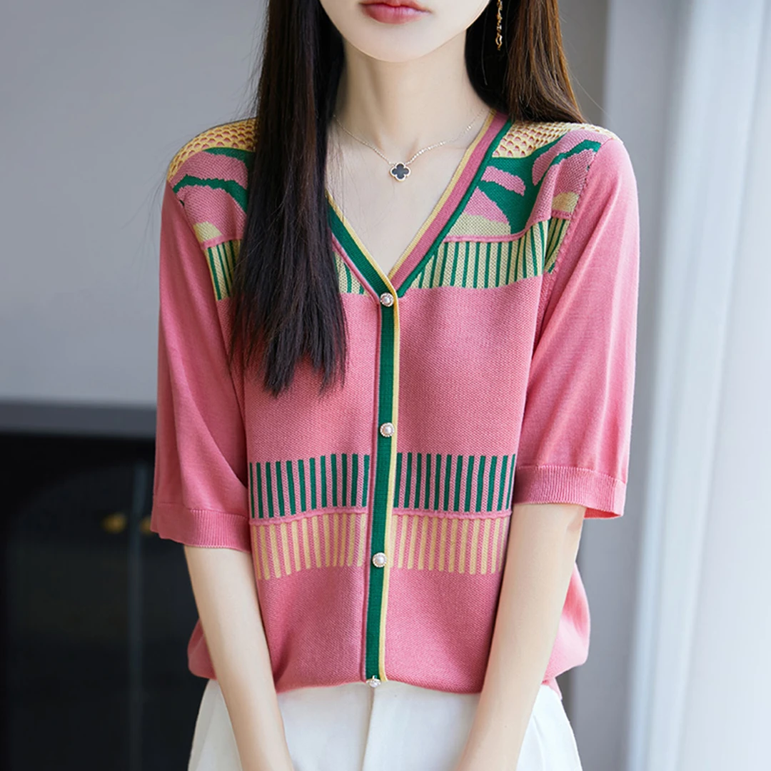 大码女装夏装胖mm高端冰丝针织衫女士短袖t恤遮肚子巨显瘦v领上衣