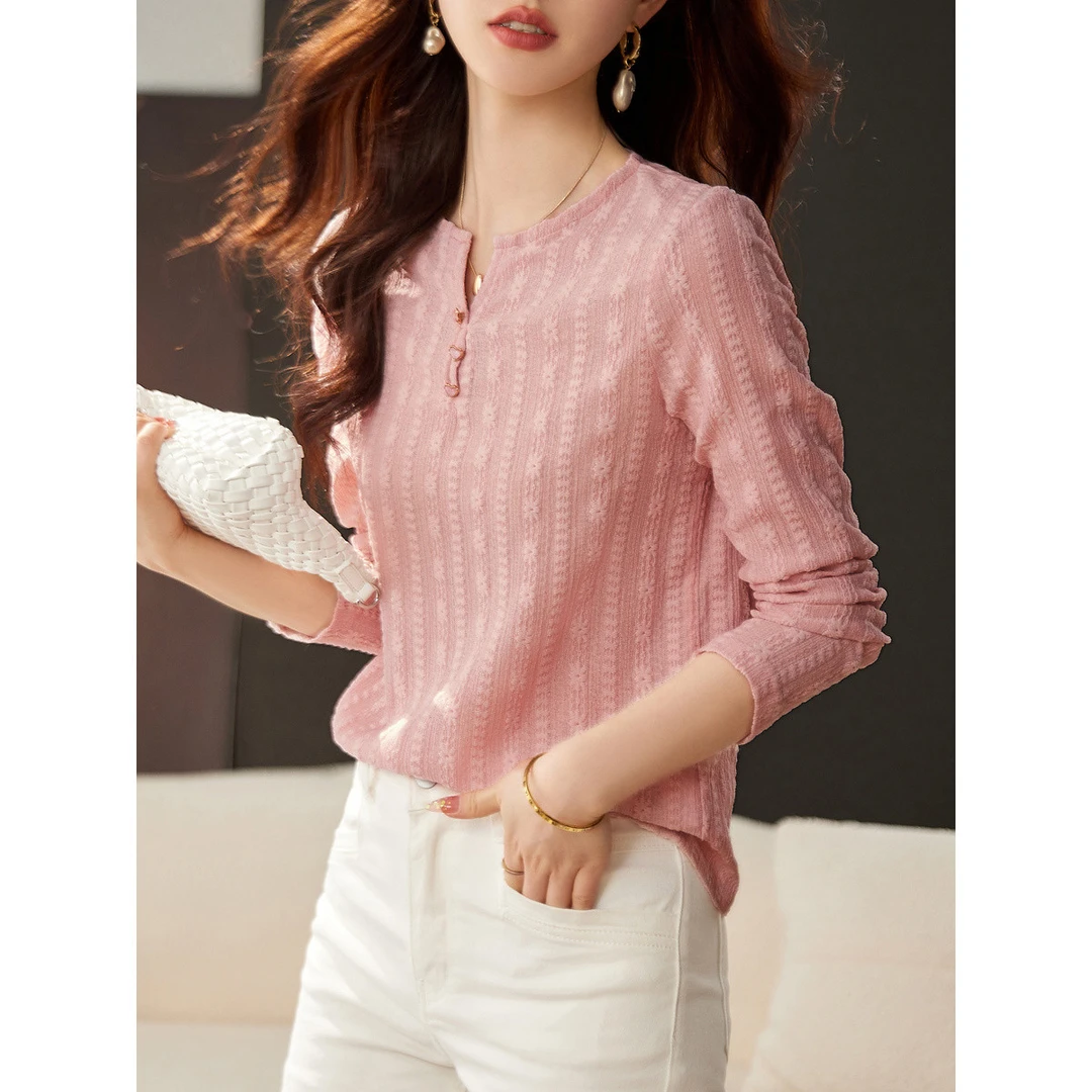 尚静肌理感提花圆领上衣打底衫2024秋季新款少女粉减龄长袖T恤