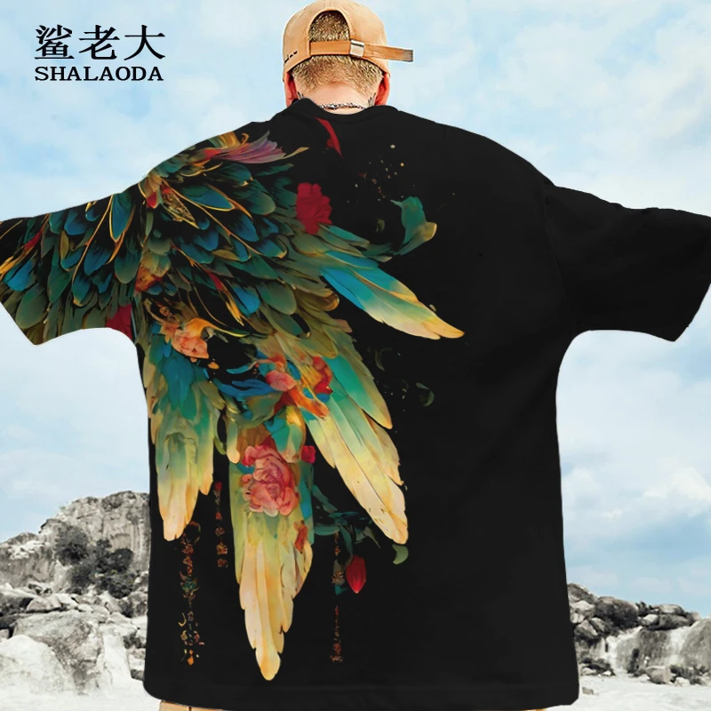 夏季短袖t恤男宽松大码羽毛翅膀印花半袖青少年高街重磅体恤上衣