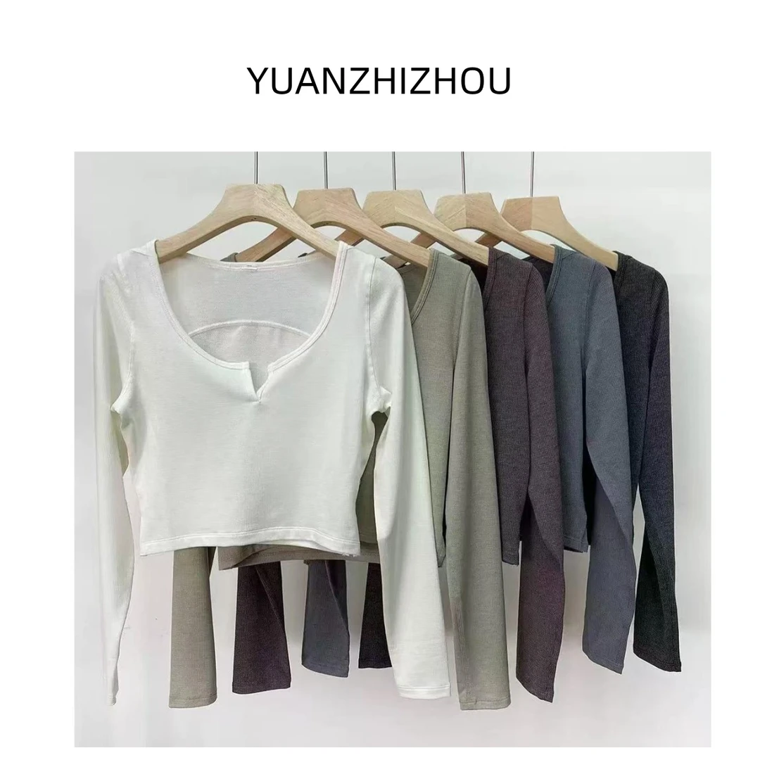 长袖V领休闲舒适透气百搭打底衫短款修身