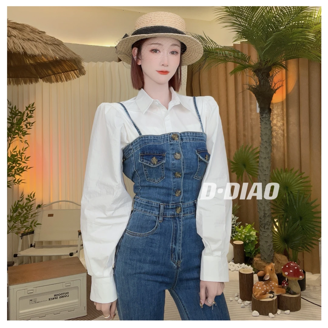 小奈【超模腿】牛仔连体背带裤 裤长104