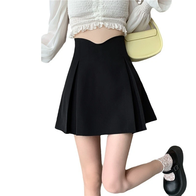 感半身裙鱼骨设计黑色夏短裙A字裙高腰日新款显瘦胖妹妹辣妹百褶