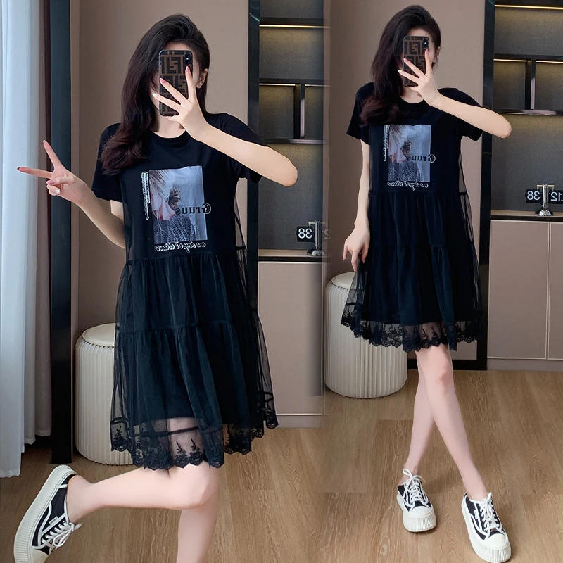 欧洲站2025夏季韩版宽松遮肉显瘦减龄休闲拼接网纱圆领连衣裙女