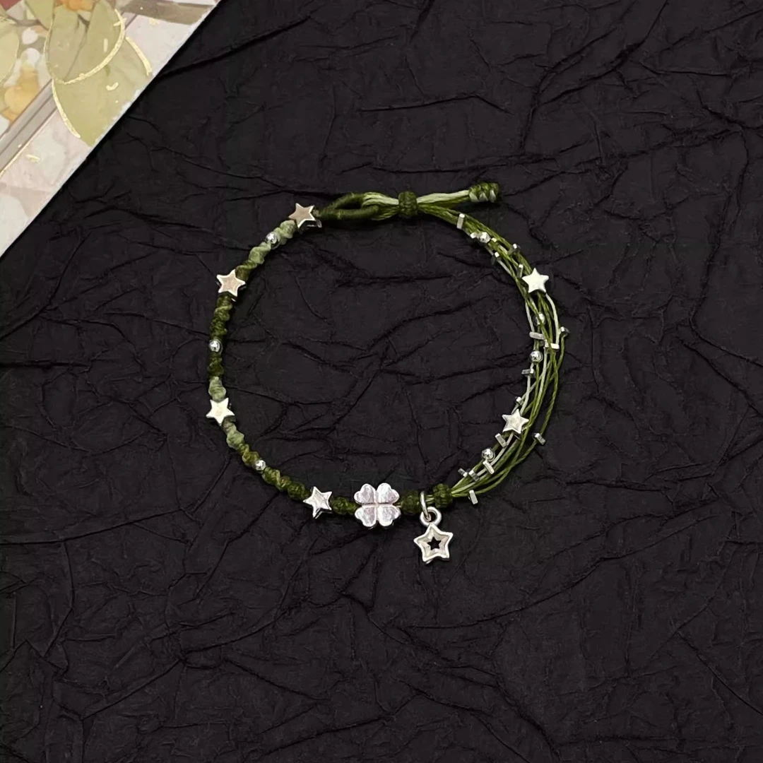 铜合金布艺手链 【绿意盎然】幸运四叶草满天星编绳手链女款首饰