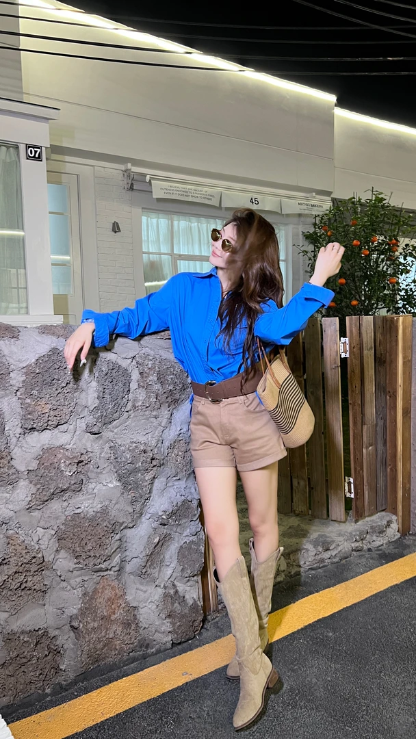 「阿男Anna」卡其牛仔短裤  美式夏季高腰a字显瘦短裤 292-5288