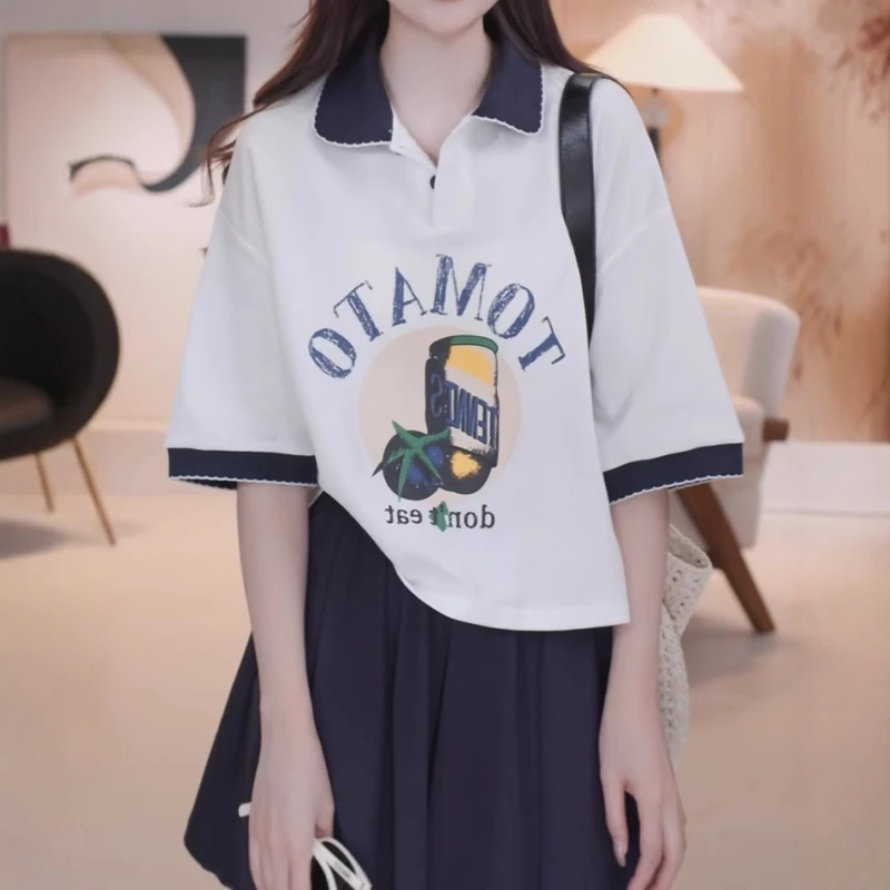 字母印花polo领短袖t恤女夏季2025新款大码胖mm上衣宽松时尚百搭