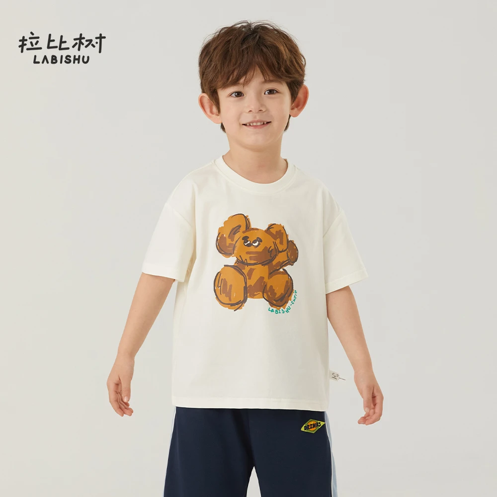 拉比树夏季男童手绘动物印花T恤卡通印花短袖休闲透气纯棉百搭潮