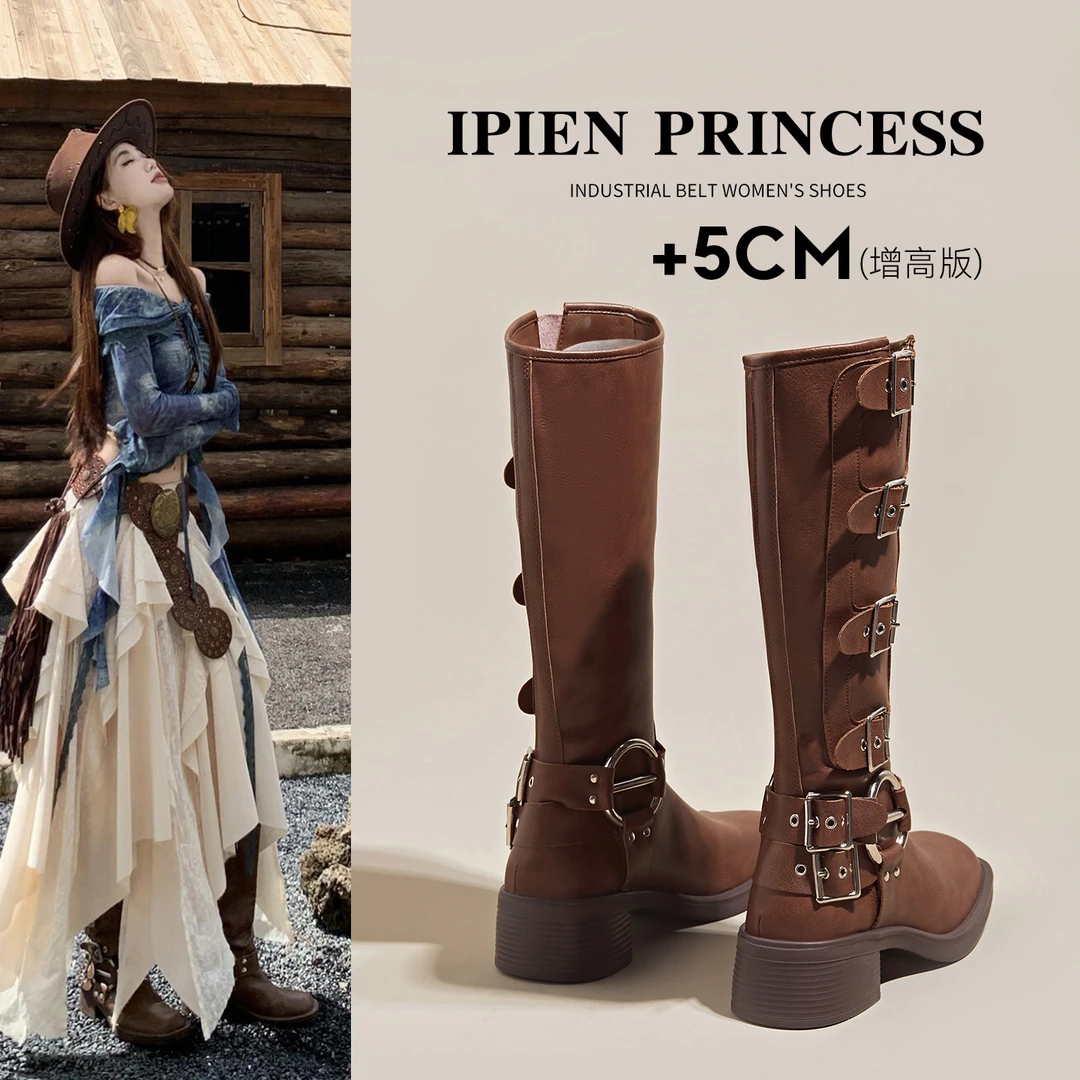 复古厚底长筒靴女2026秋季新款加宽大码显瘦骑士靴粗跟增高西部靴