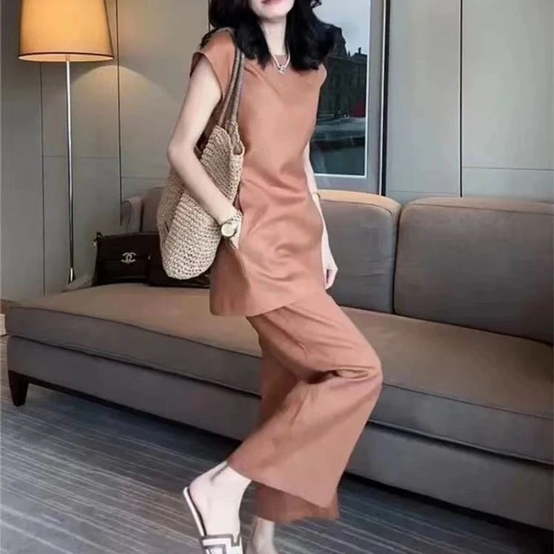 网红新款无袖上衣阔腿裤两件套时尚套装女2025年夏季气质显白显瘦