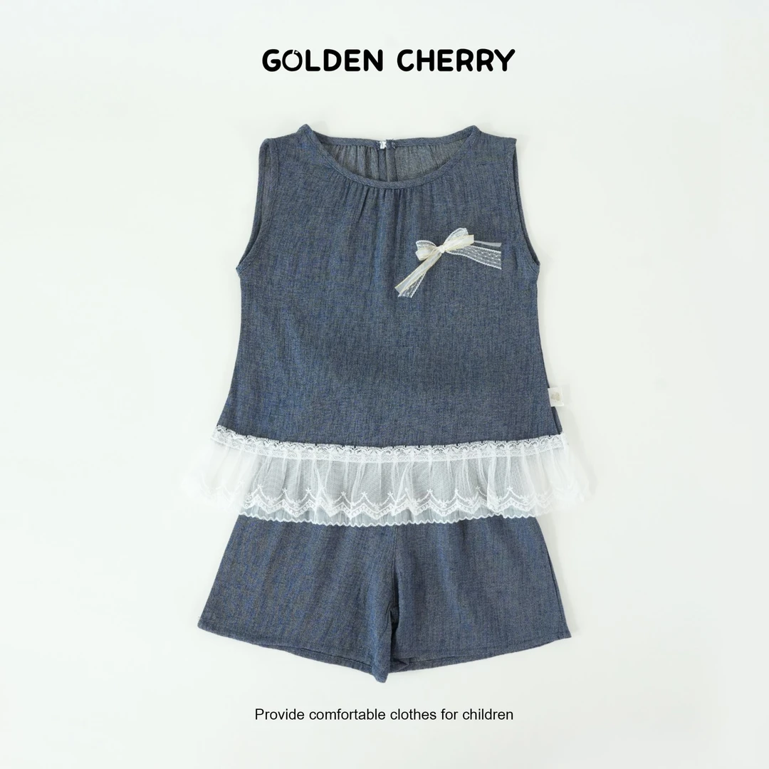 【金樱桃Golden cherry】小童灰色蝴蝶结裙摆拼接套装QDD288