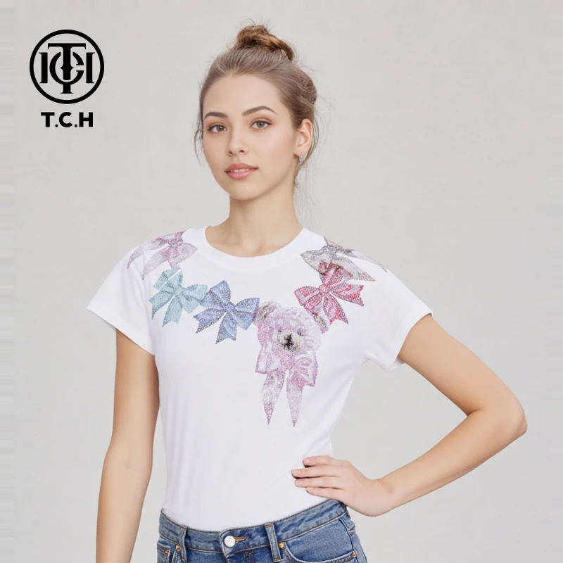 TCH私服烫钻工艺时尚休闲百搭气质蝴蝶结T恤女T75B10E5068轻奢tch