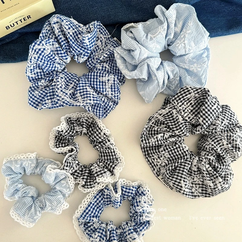 法式温柔刺绣格子大肠发圈少女蕾丝花边发绳扎头发橡皮筋头花头绳