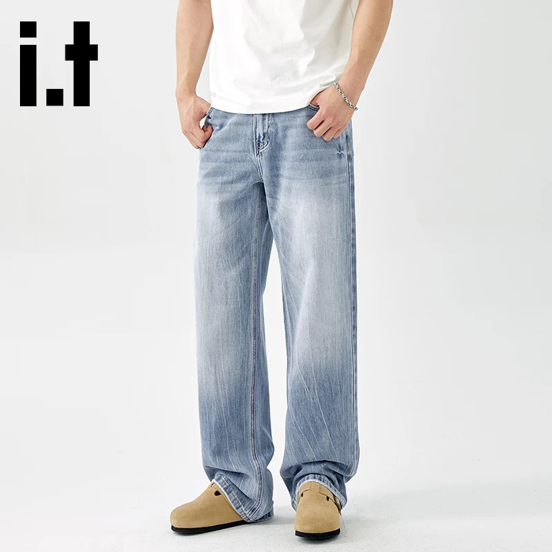 it:CHOCOOLATE天蓝色水洗裂纹牛仔裤男2025秋季新款宽松阔腿长裤