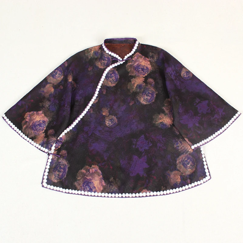 【楼歌】复古新中式纯手工桑蚕丝香云纱中国风提花斜襟女士上衣